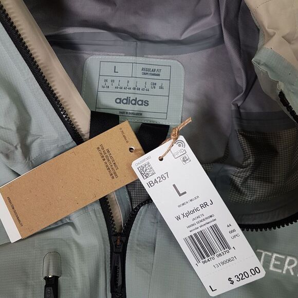 ADIDAS Terrex Xploric Rain.Rdy Hiking Jacket Womens Size LARGE Grey Beige - Picture 8 of 11